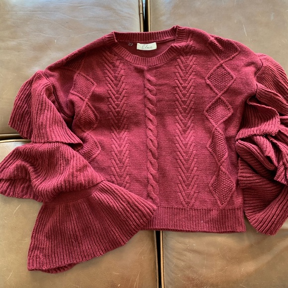 Elan Sweaters - Elam Ruffled Sleeve Burgundy Sweater